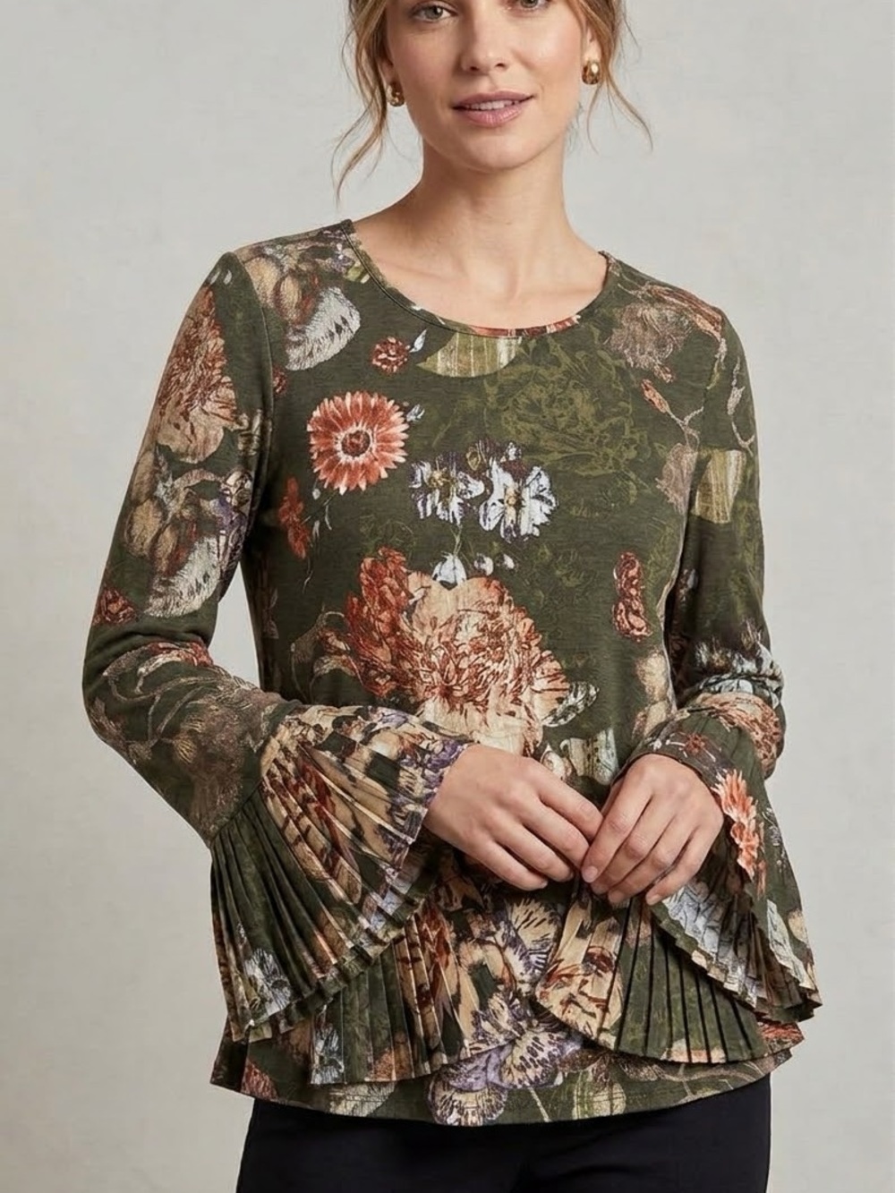 Chico’s Tunic Top Size 2 Women’s Large Olive Green Pleated Peplum & Bell
